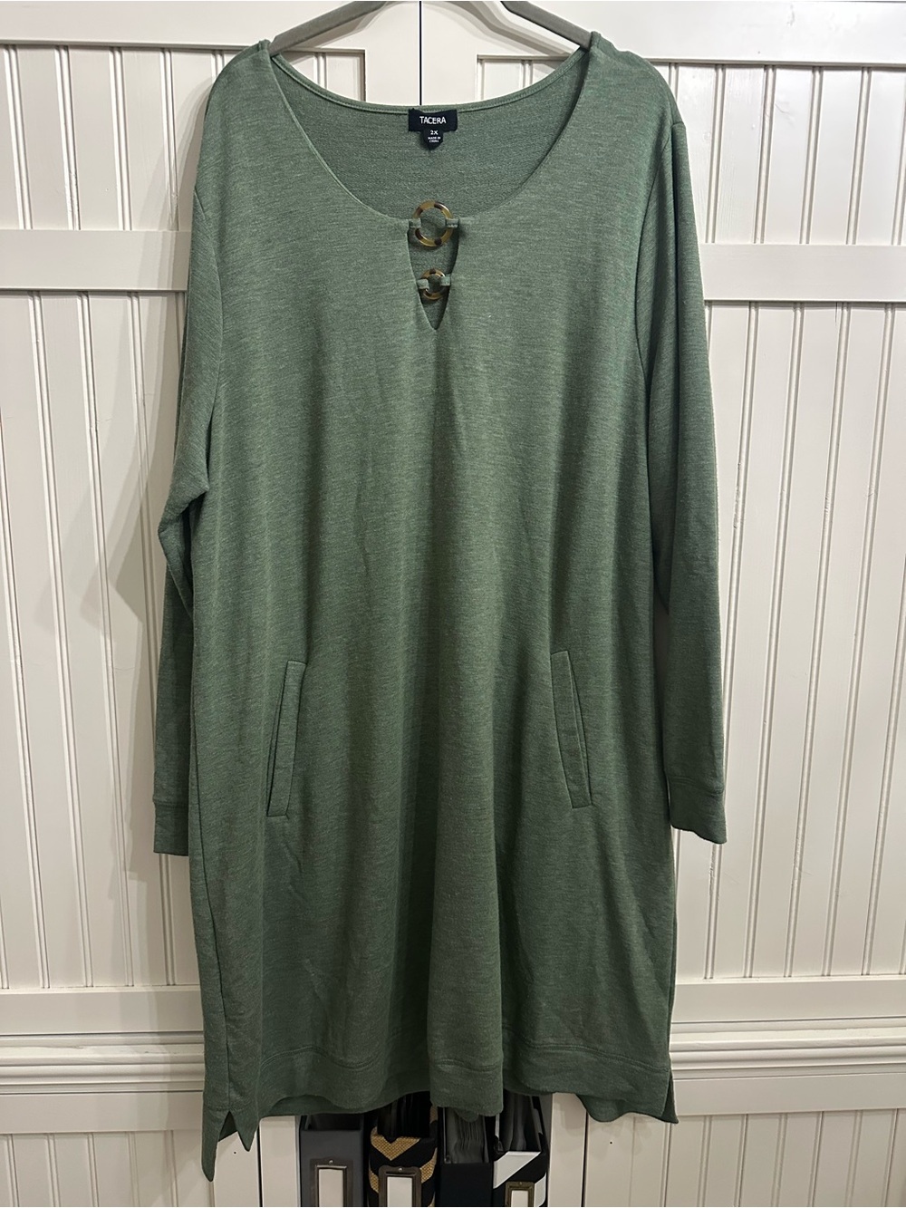 Tacera Olive Sage Long Sleeve Tunic Dress with Ring Accents